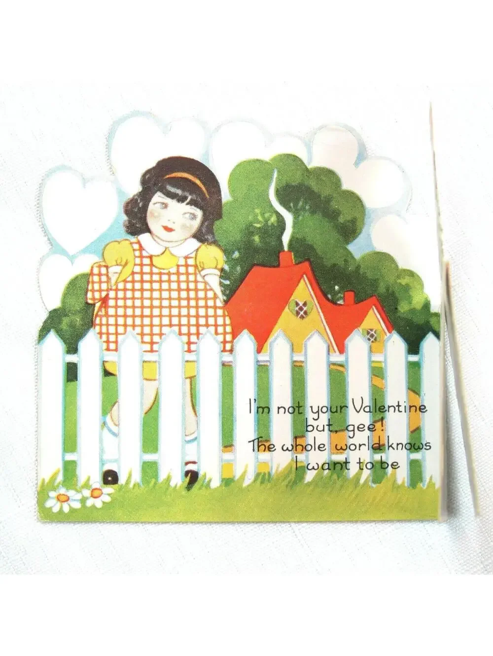 Vintage Valentine Card 1931 Fold Stand Girl & Boy w/ Flowers White Picket Fence